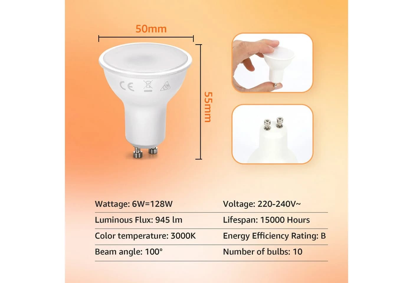Great Jacob GU10 LED Lampe 6W Warmweiß 3000K 945Lm 10er-Pack