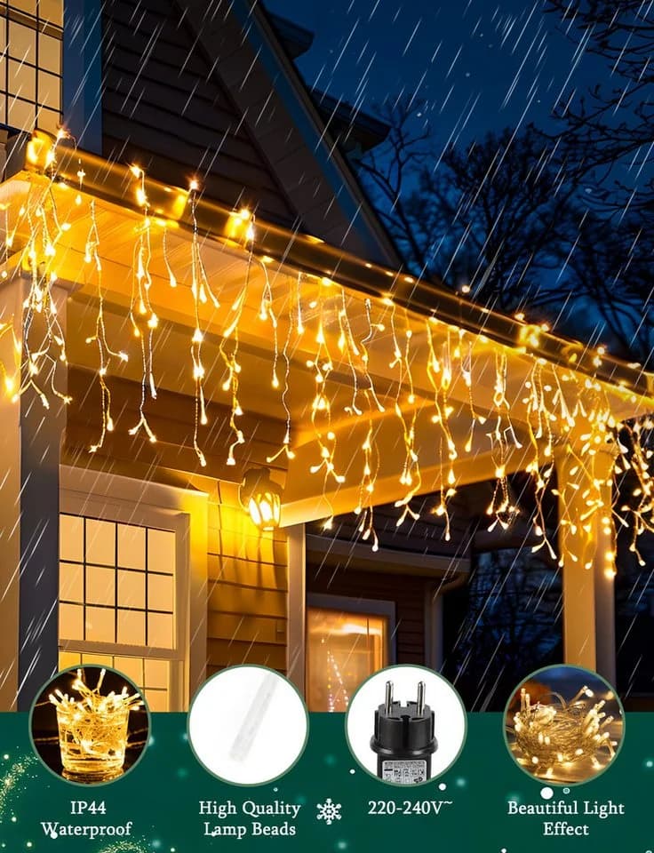 Aigostar LED-Lichtervorhang Eisregen Lichterkette Außen 3M+5M 100LED 8 Modi