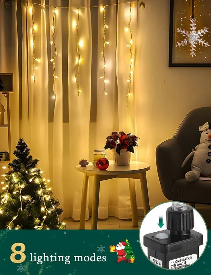 Aigostar LED-Lichtervorhang Eisregen Lichterkette Außen 3M+5M 100LED 8 Modi - Bild 3