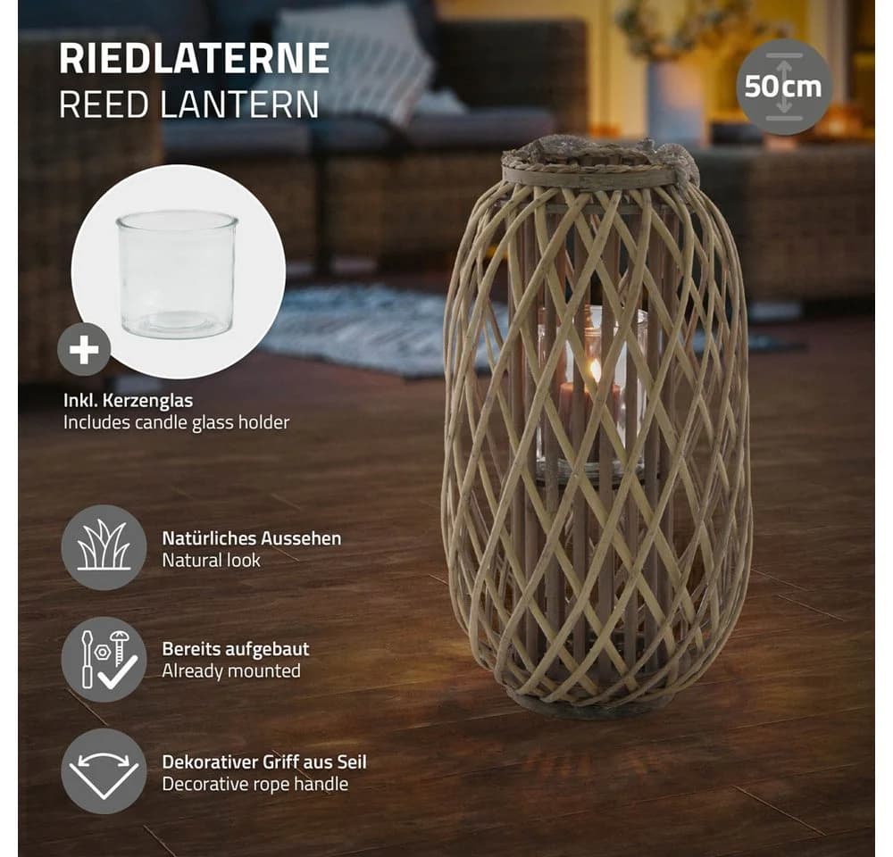ECD Germany Rattan Kerzenlaterne mit Henkel und Glaseinsatz