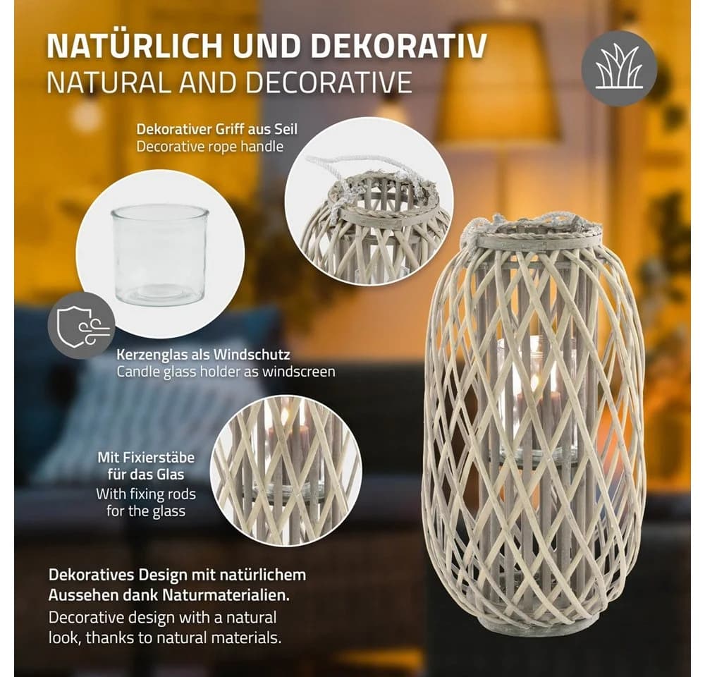 ECD Germany Rattan Kerzenlaterne mit Henkel und Glaseinsatz - Bild 3