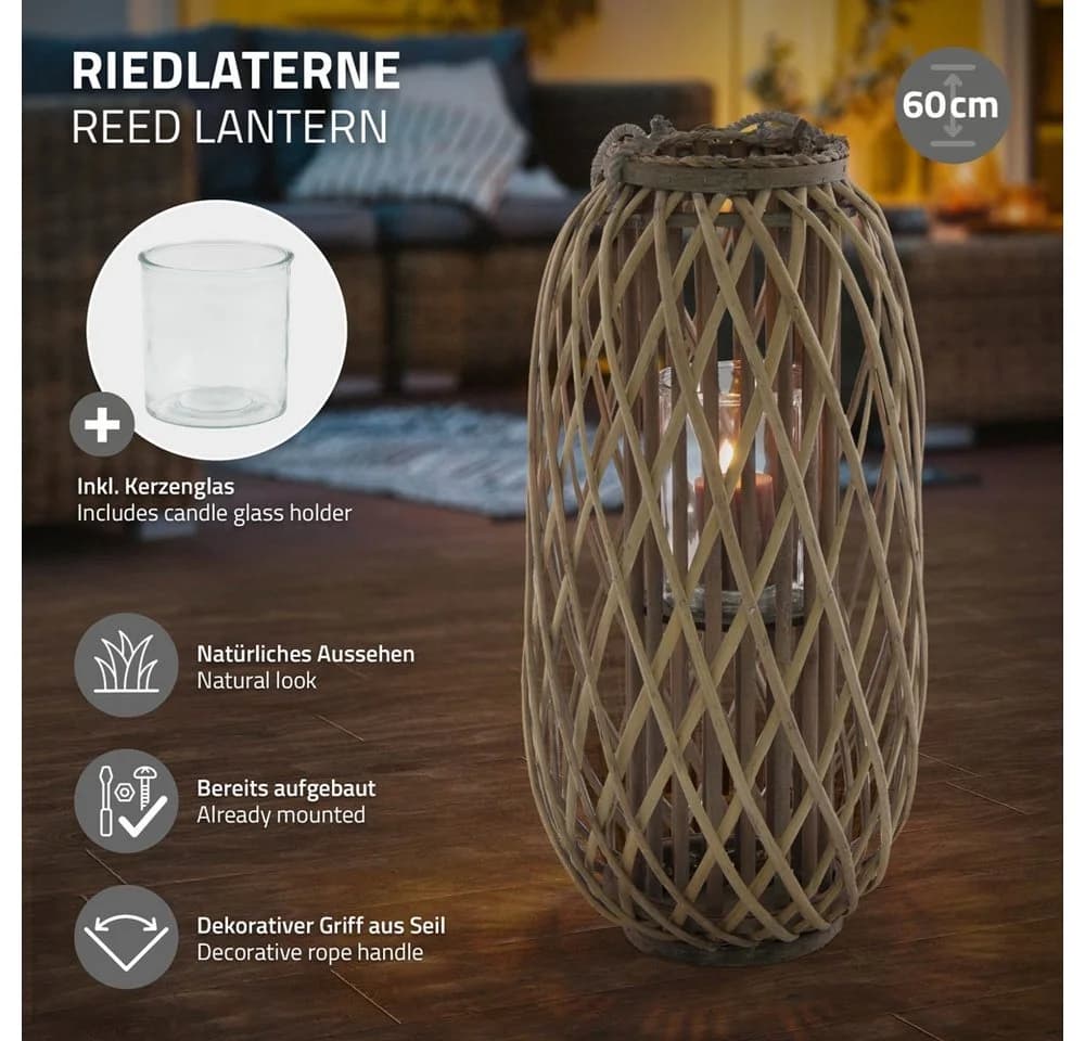 ECD Germany Rattan Kerzenlaterne mit Henkel, 60xØ30cm, Braun