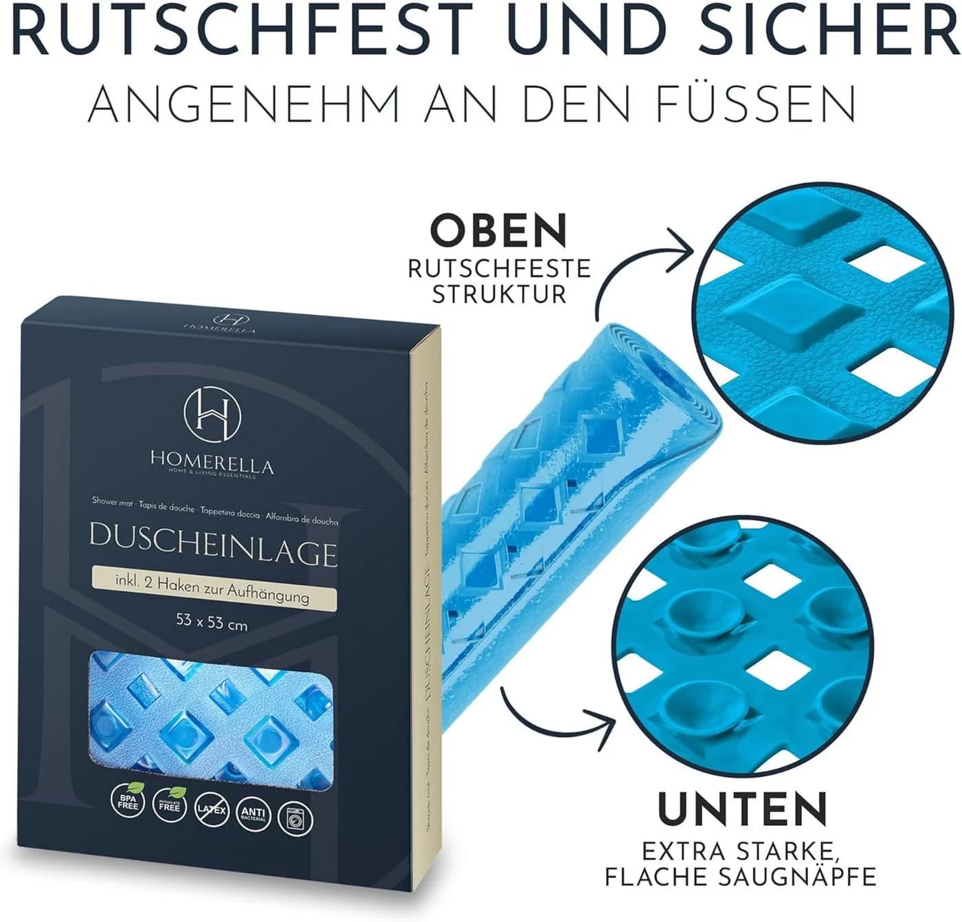 Homerella Duschmatte Rutschfest 53x53cm BPA-frei - Bild 4