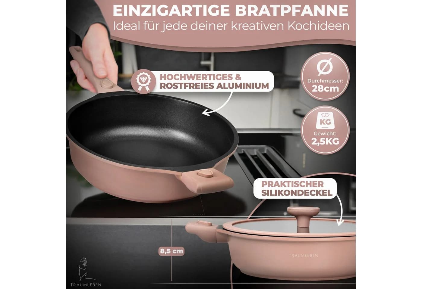 TRAUMLEBEN Bratpfanne 28cm Rosa mit abnehmbaren Griffen