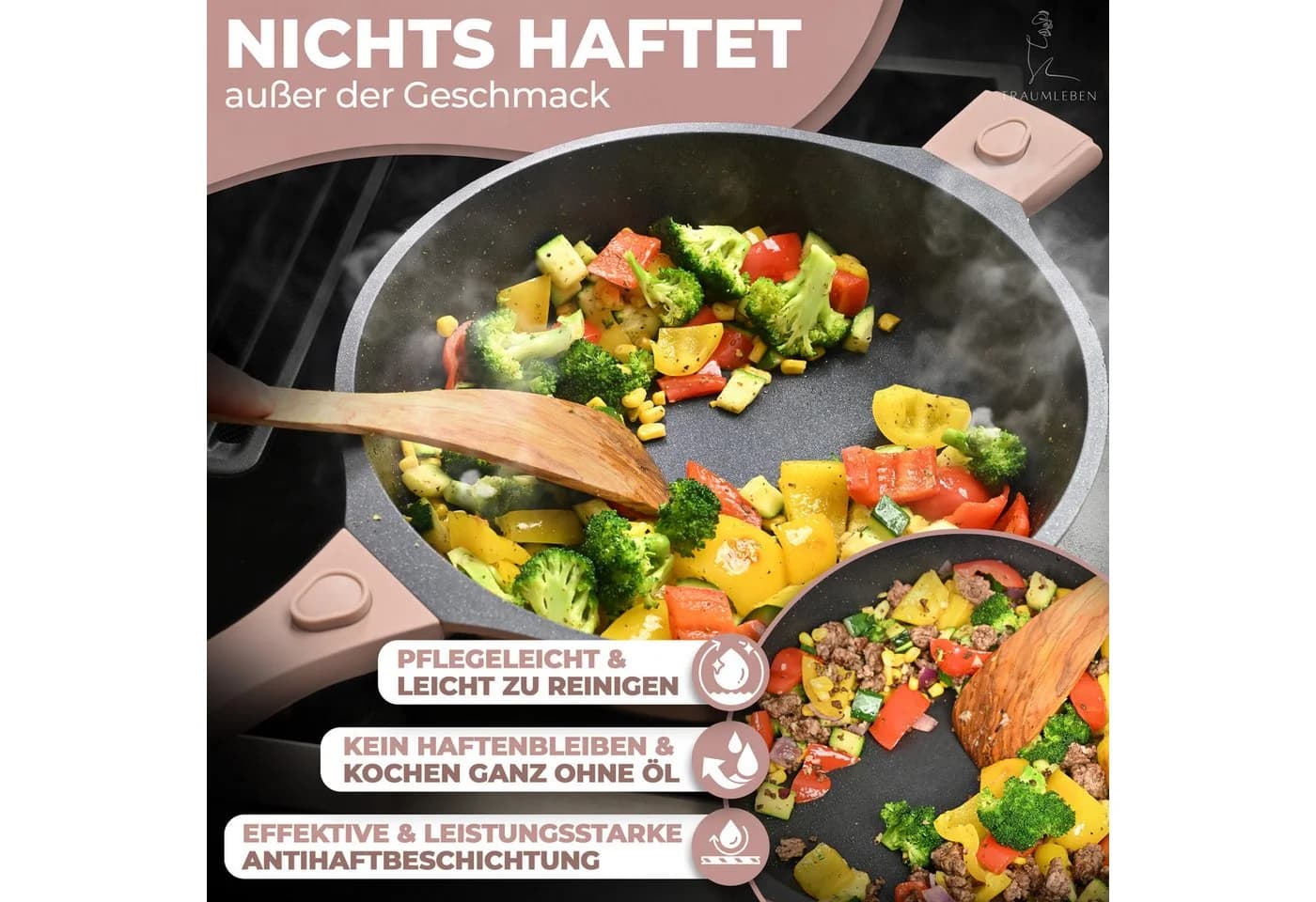 TRAUMLEBEN Bratpfanne 28cm Rosa mit abnehmbaren Griffen - Bild 3