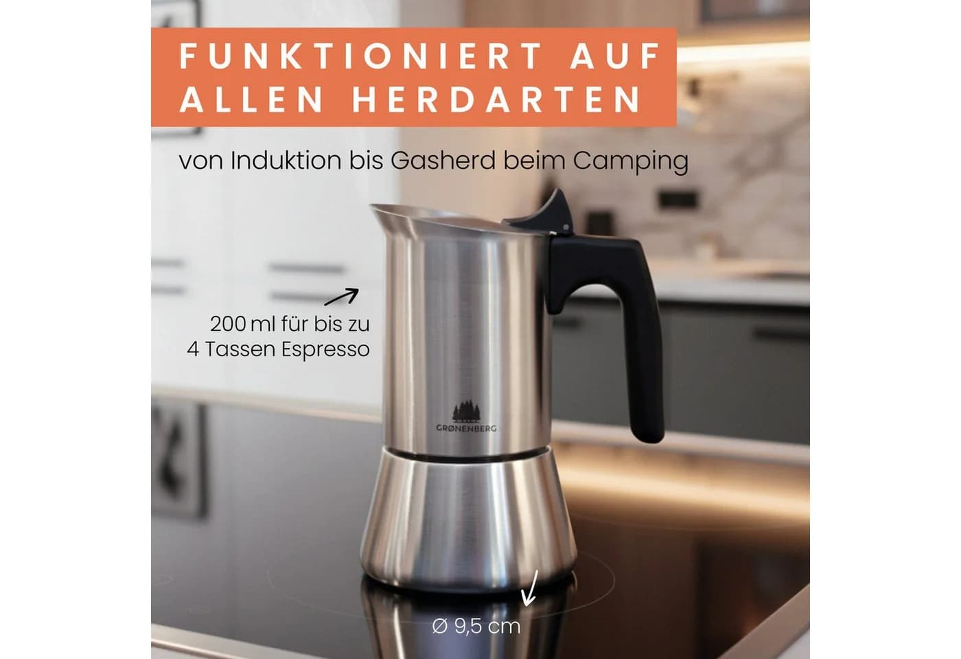 GRØNENBERG Espressokocher Edelstahl Induktion 4/6 Tassen - Bild 3