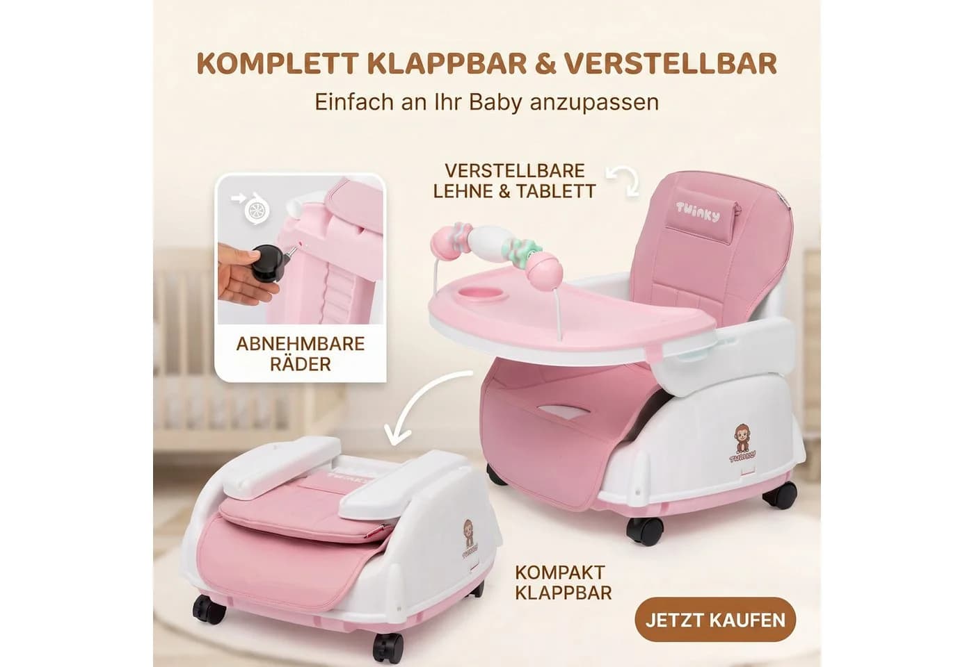 TWINKY Kinderklappstuhl Rosa 3-in-1 Hochstuhl mit Esstisch