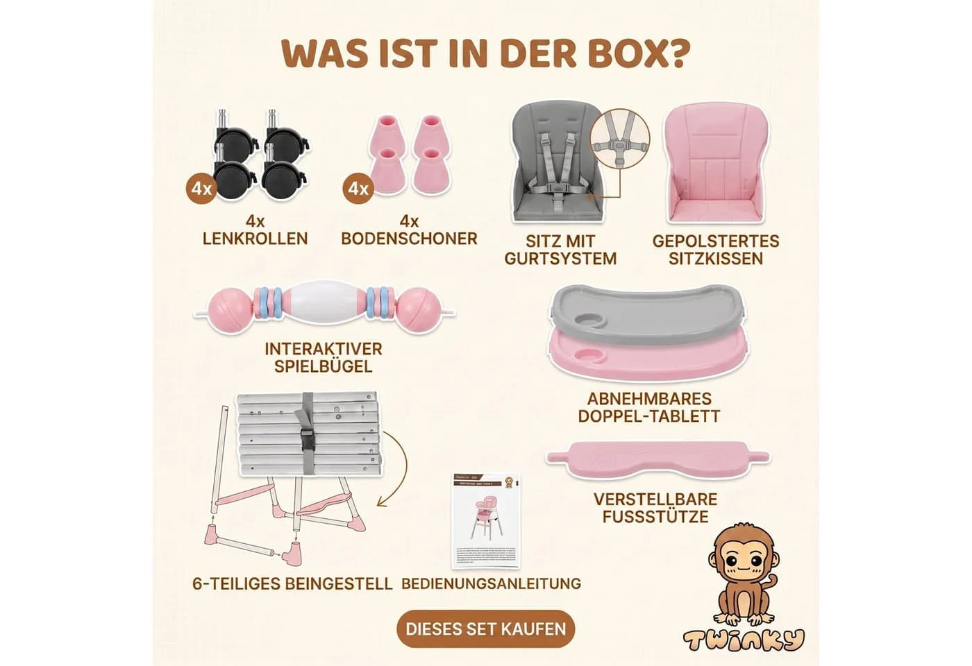 TWINKY Kinderklappstuhl Rosa 3-in-1 Hochstuhl mit Esstisch - Bild 4