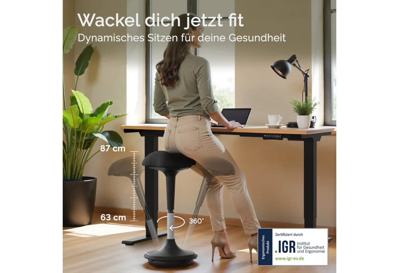 DESKSPACE Wobble Stehhocker Ergonomischer Bürohocker höhenverstellbar Schwarz - Bild 3