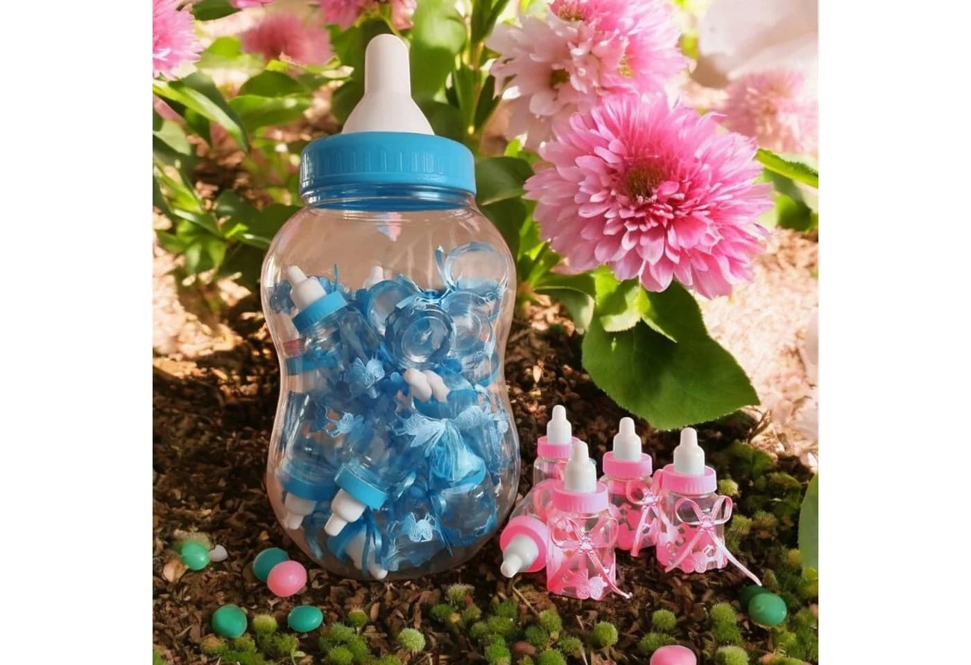 Mikamax XXL Babyflasche mit 30 kleinen Flaschen für Babypartys in Babyblau