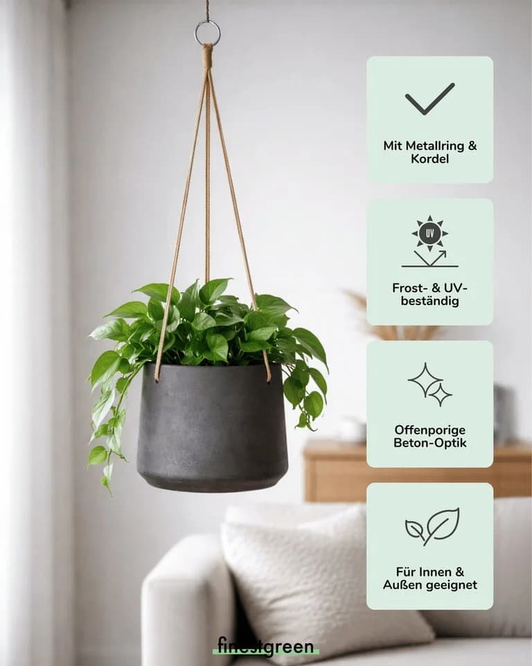 finestgreen Blumenampel Patt Fiberclay Beton-Optik Schwarz