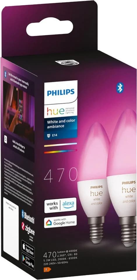 Philips Hue LED-Leuchtmittel White and Color Ambiance Kerze 470lm, E14, 2 St., Farbwechsler