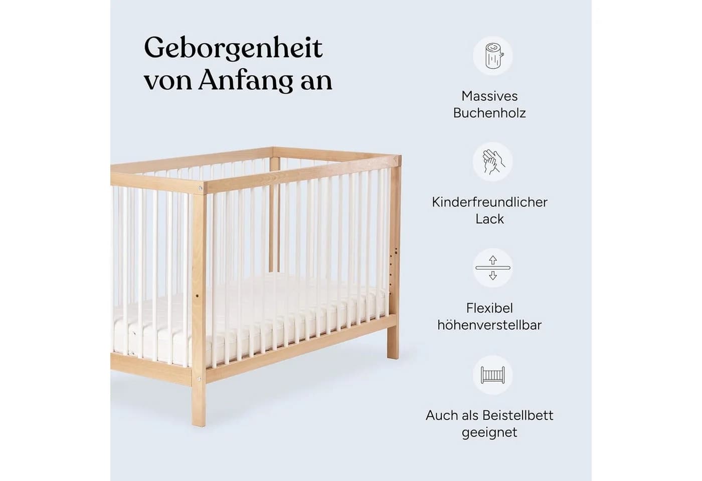 Ehrenkind Babybett PUR Massivholz mit Matratze Weiß - Bild 3