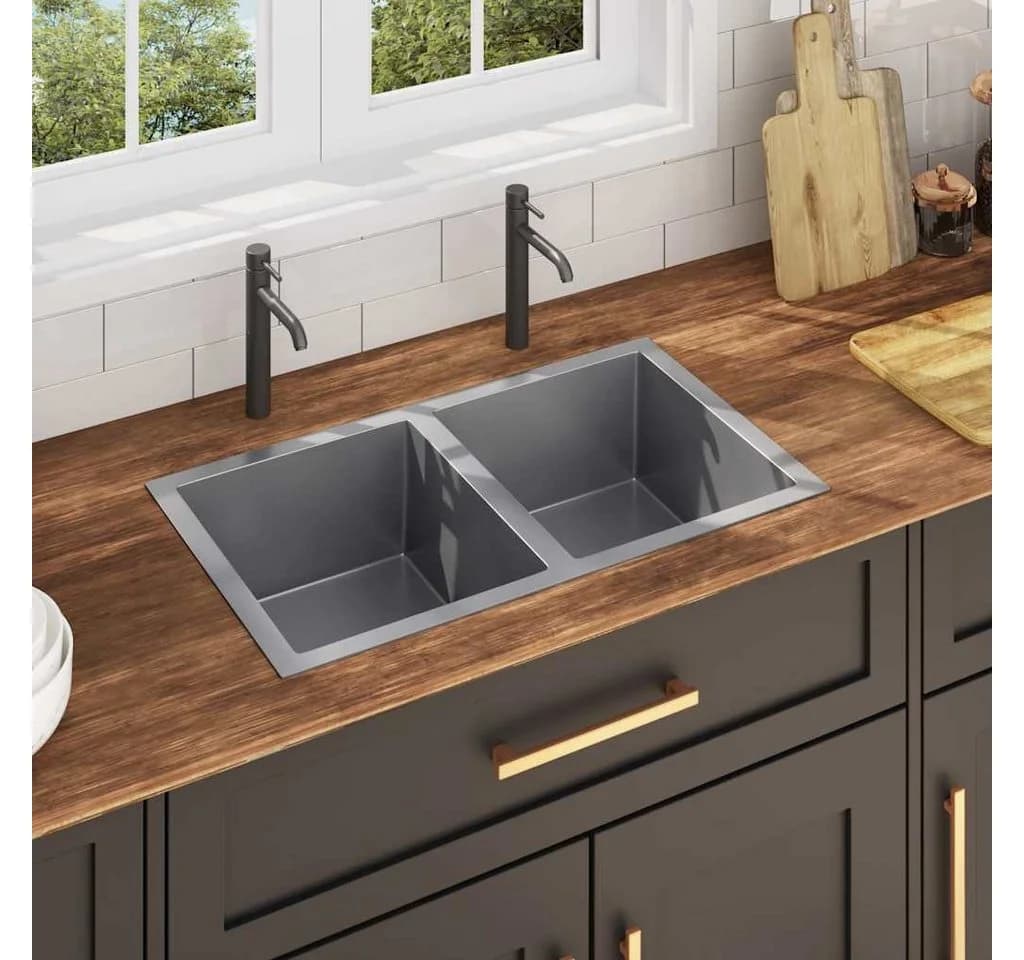 vidaXL Küchenspüle Edelstahl 2 Becken Silber Modern