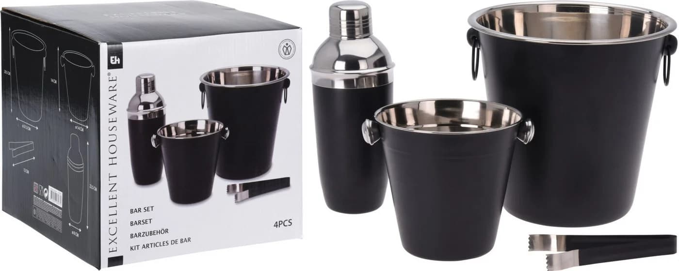 Koopman Cocktail-Set 4-tlg. Schwarz Metall mit Flaschenkühler, Shaker & Eiseimer