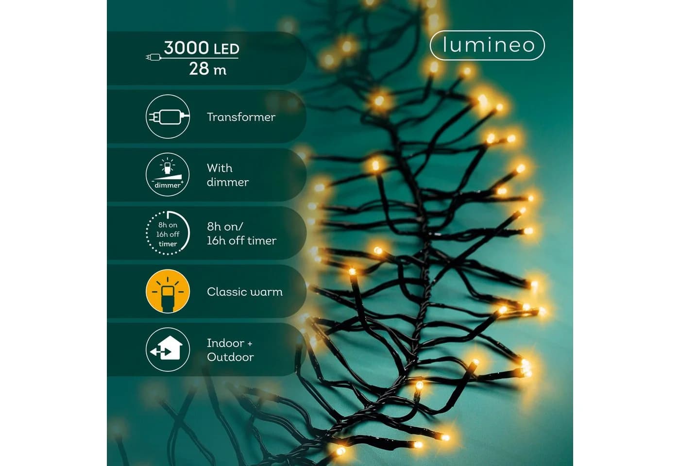 Lumineo LED-Lichterkette Cluster 3000 LED 28 m Klassisch Warm Schwarz