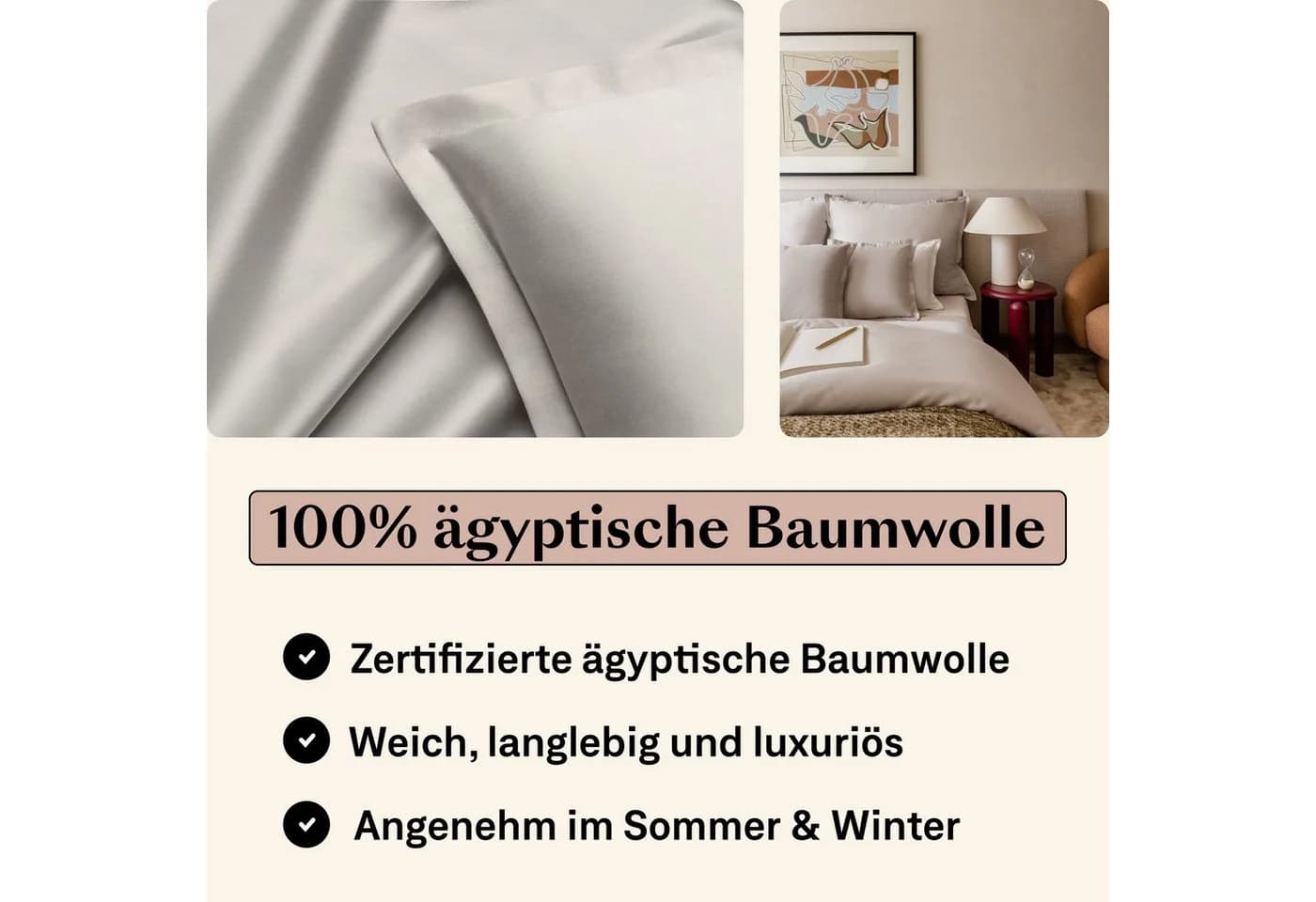 Amqua Bettwäsche Luxus Mako Satin Beige 100% Ägyptische Baumwolle