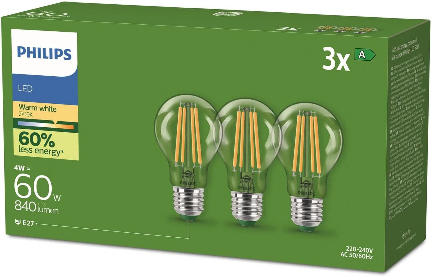 Philips LED-Leuchtmittel Ultra Efficient 60W A60 2700K E27 3 St. Warmweiß