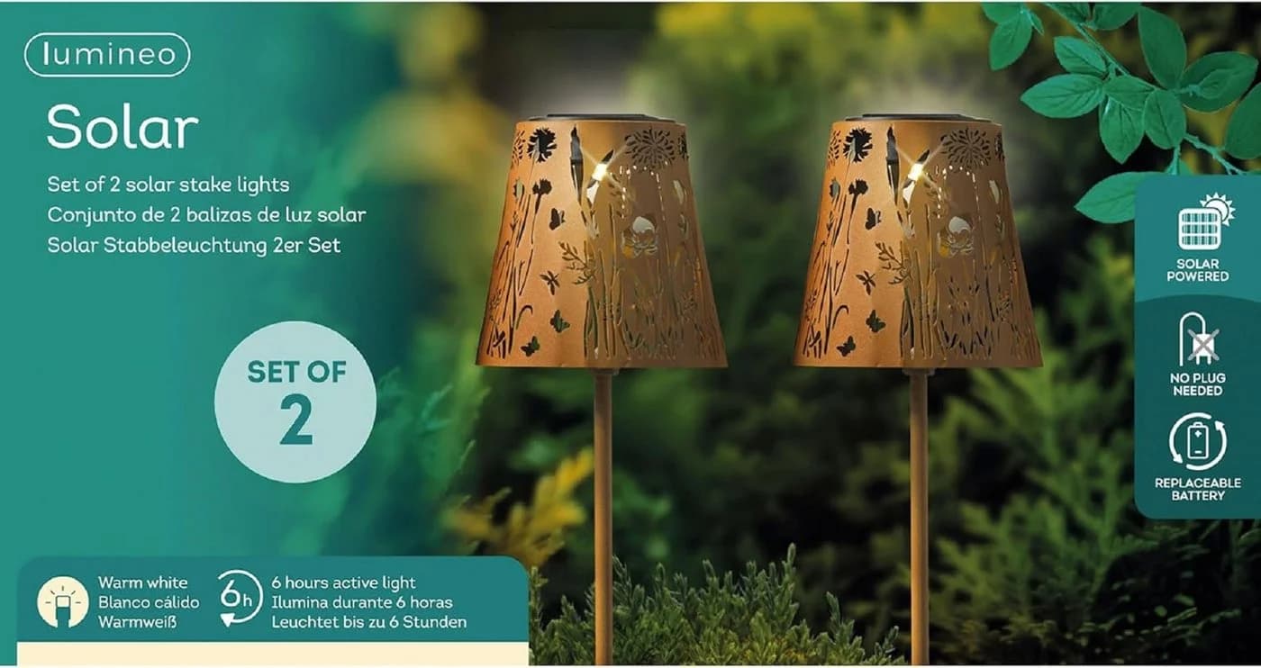 Lumineo LED Solarleuchte Dauerlicht Warmweiß 2er Set