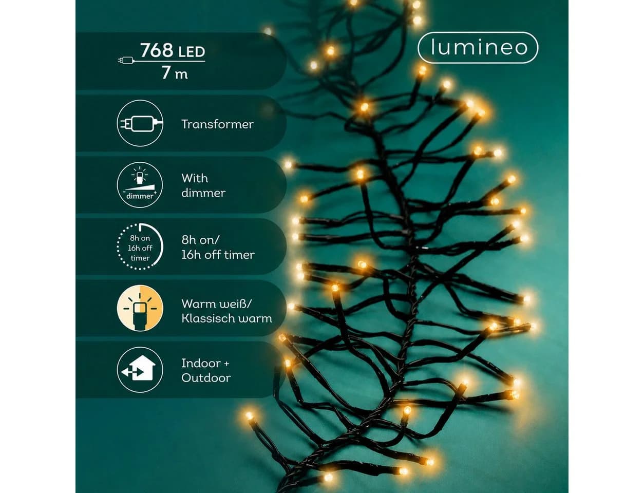 Lumineo LED-Lichterkette CLUSTER 768 LED 7 m Dimmbar Timer Schwarz