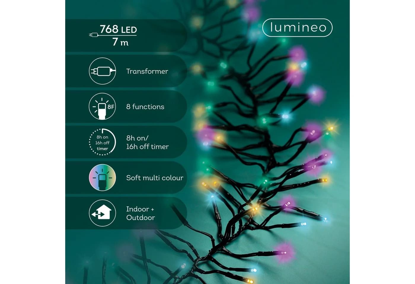 Lumineo LED-Lichterkette Cluster 768 LED Bunt Timer IP44