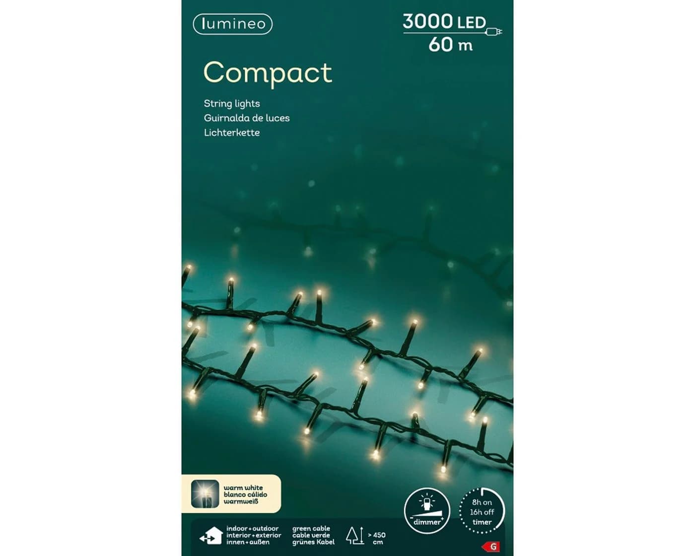 Lumineo LED-Lichterkette 3.000 LED 60 m Warm Weiß, Grünes Kabel, Indoor/Outdoor, Dimmbar, 8h-Timer, 5 m Zuleitung - Bild 2