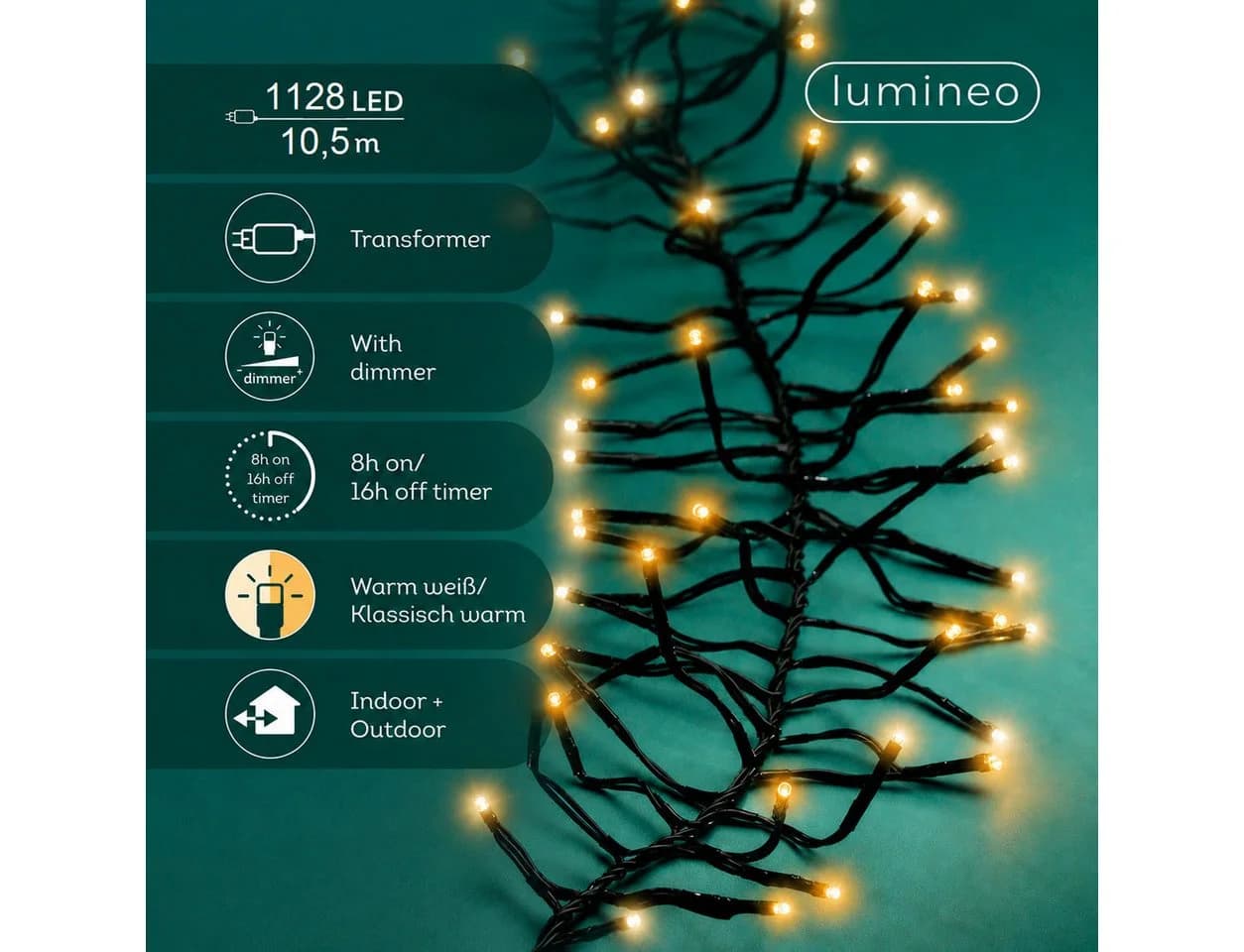 Lumineo LED-Lichterkette CLUSTER 1.128 LED 10,5m warm weiß + klassisch warm, Dimmbar, 8h-Timer, Indoor/Outdoor, 2 Farben