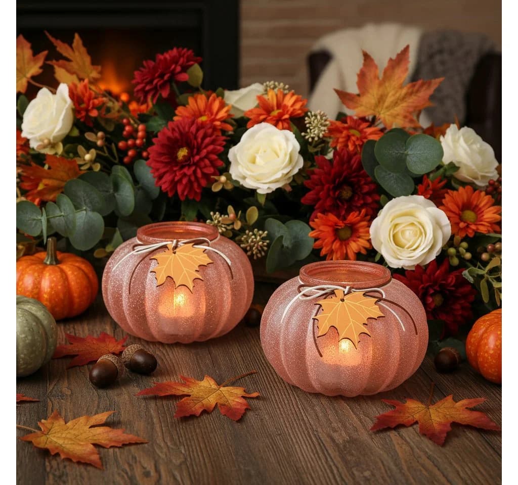 Kaemingk Windlicht Glas Kürbis Orange Teelicht Herbstdeko