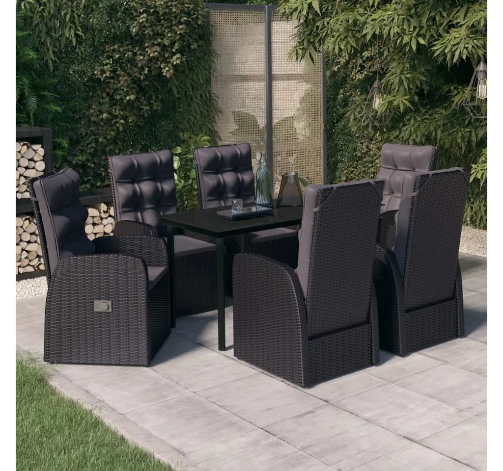 vidaXL Garten-Essgruppe 7-tlg. mit Kissen Schwarz PE-Rattan