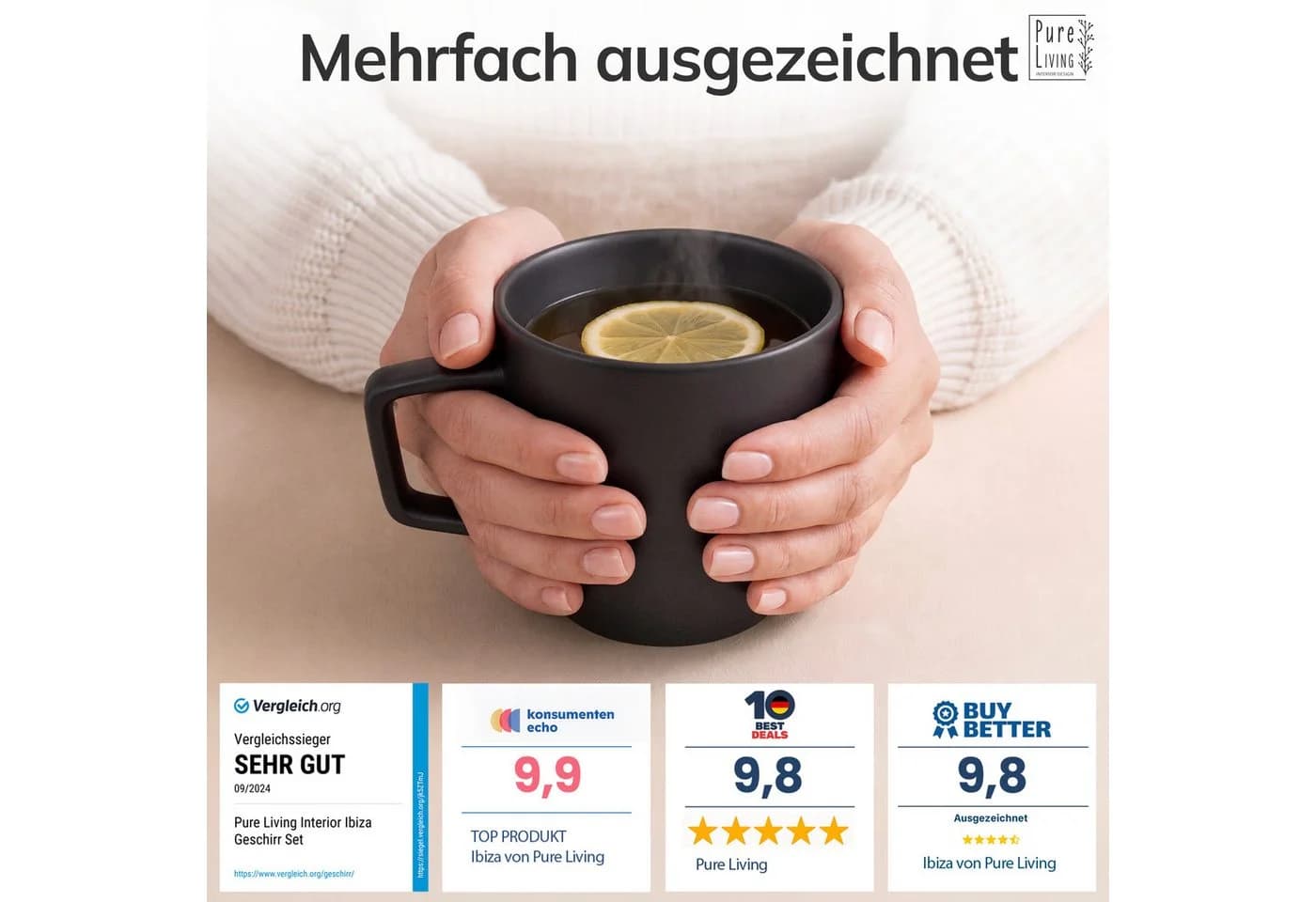 PURE LIVING Geschirr-Set Manhattan Becher 6er Schwarz Steingut - Bild 3