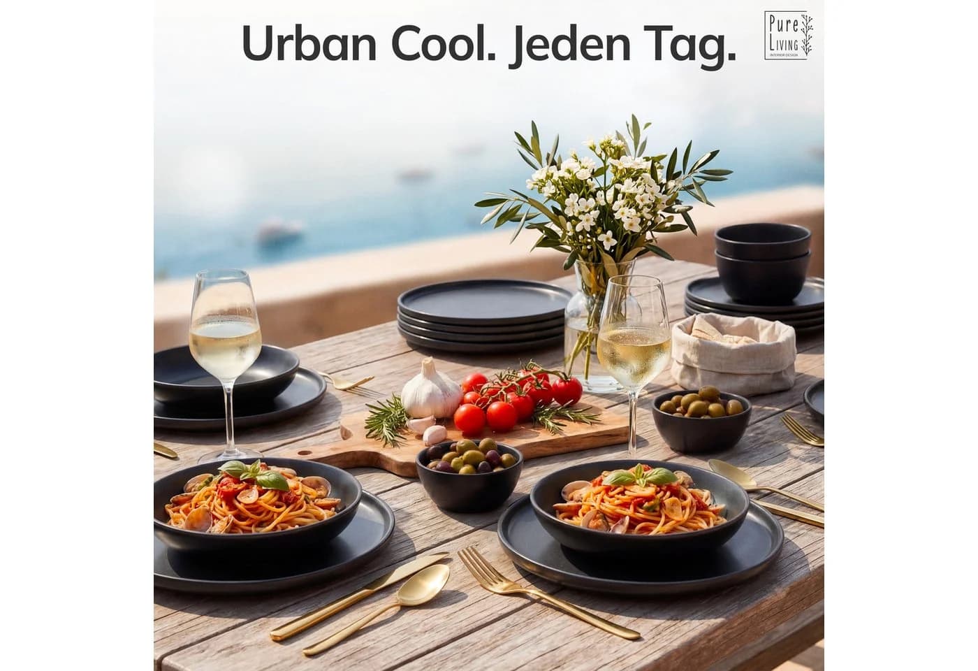 PURE LIVING Geschirr-Set Manhattan 6er Schwarz Steingut