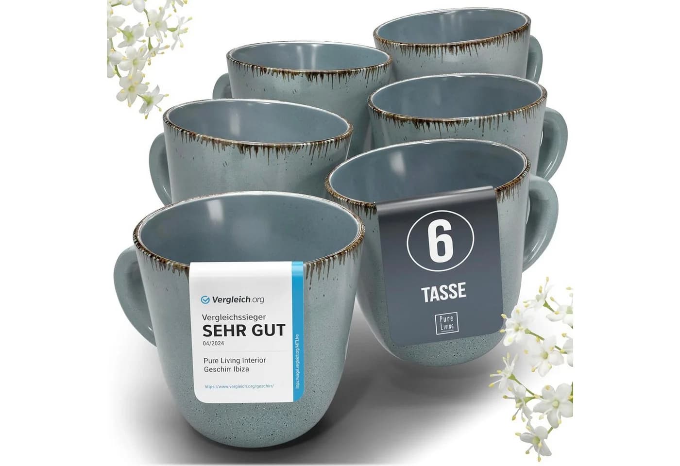 PURE LIVING Geschirr-Set Becher 6er Rauchblau Steingut - Bild 2