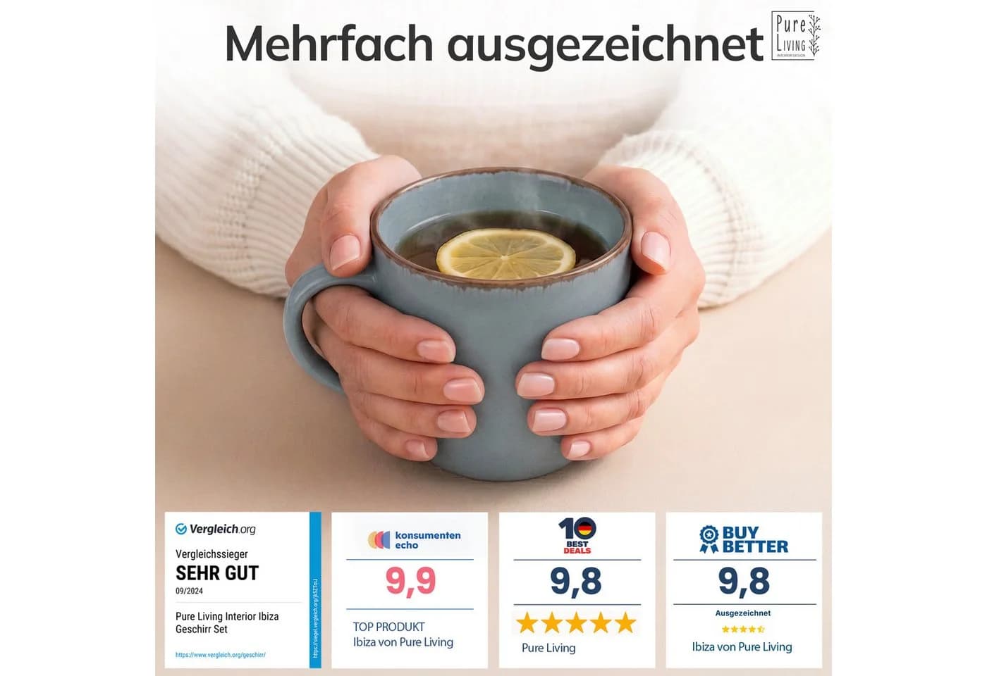PURE LIVING Geschirr-Set Becher 6er Rauchblau Steingut - Bild 3