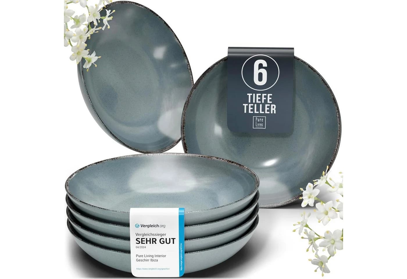PURE LIVING Geschirr-Set Steingut Rauchblau Landhausstil 6er - Bild 2