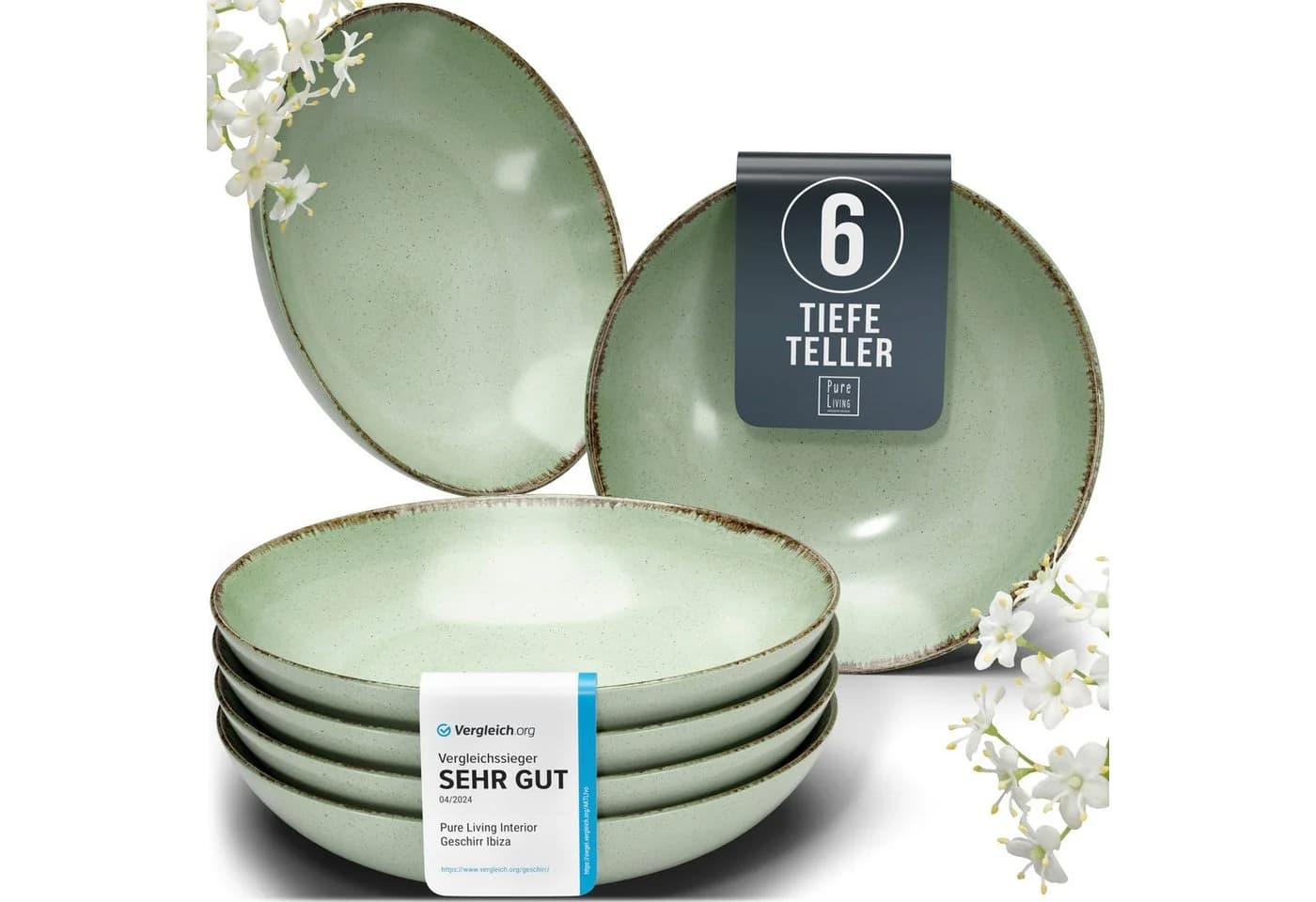 PURE LIVING Geschirr-Set Suppenteller 6er Mintgrün Steingut Rustic - Bild 2