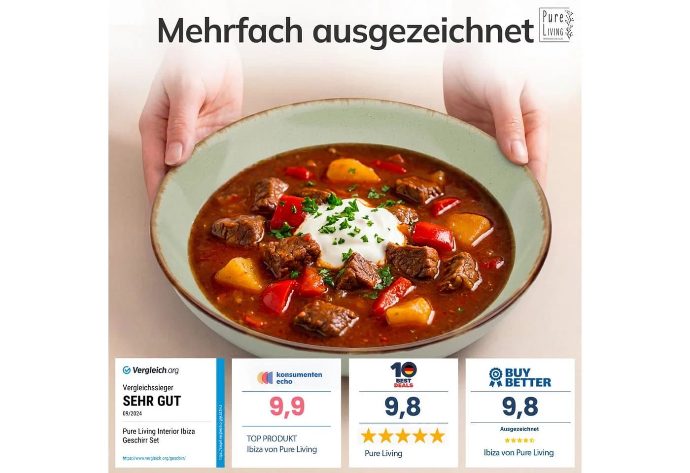 PURE LIVING Geschirr-Set Suppenteller 6er Mintgrün Steingut Rustic - Bild 3