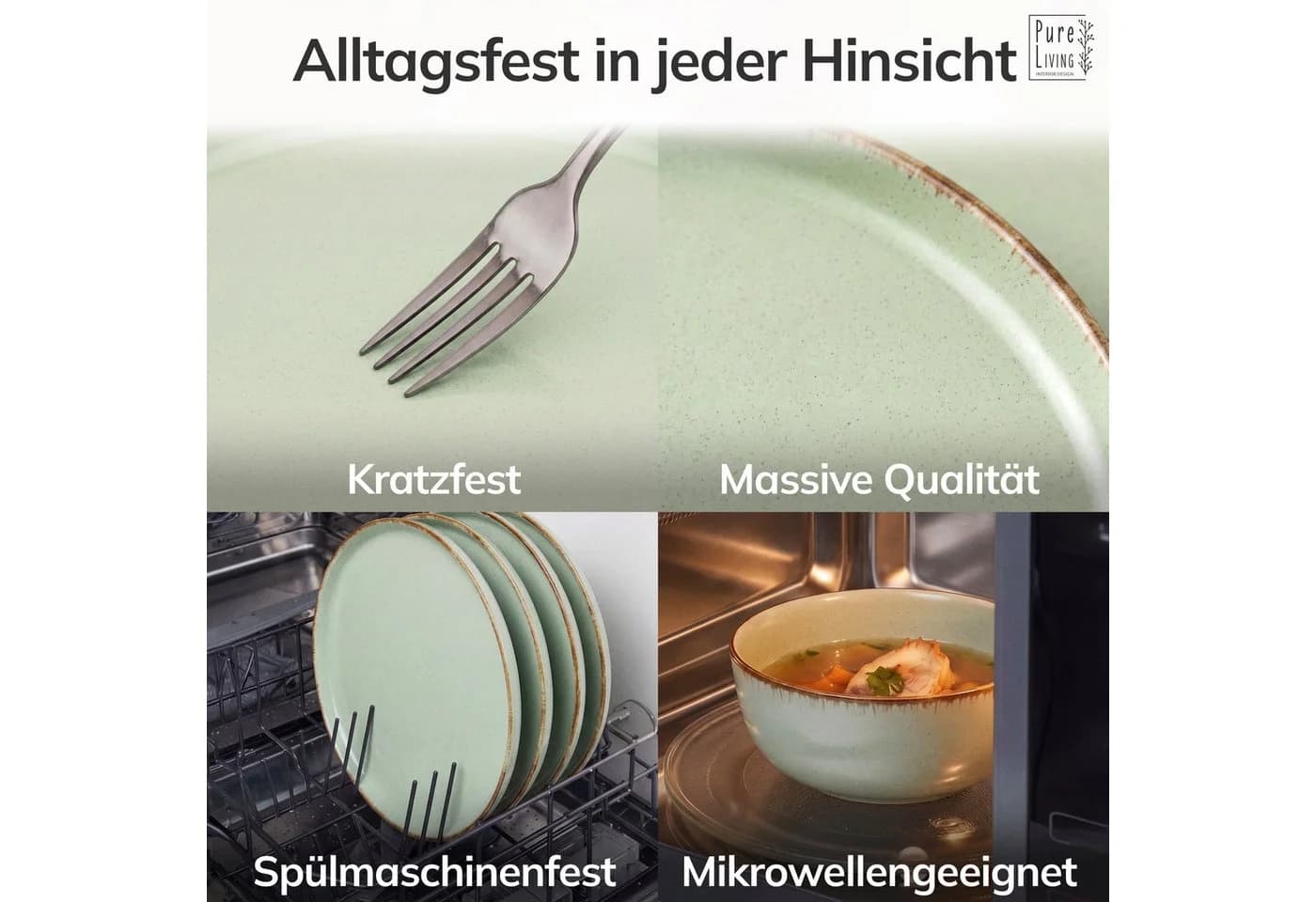 PURE LIVING Geschirr-Set Suppenteller 6er Mintgrün Steingut Rustic - Bild 4