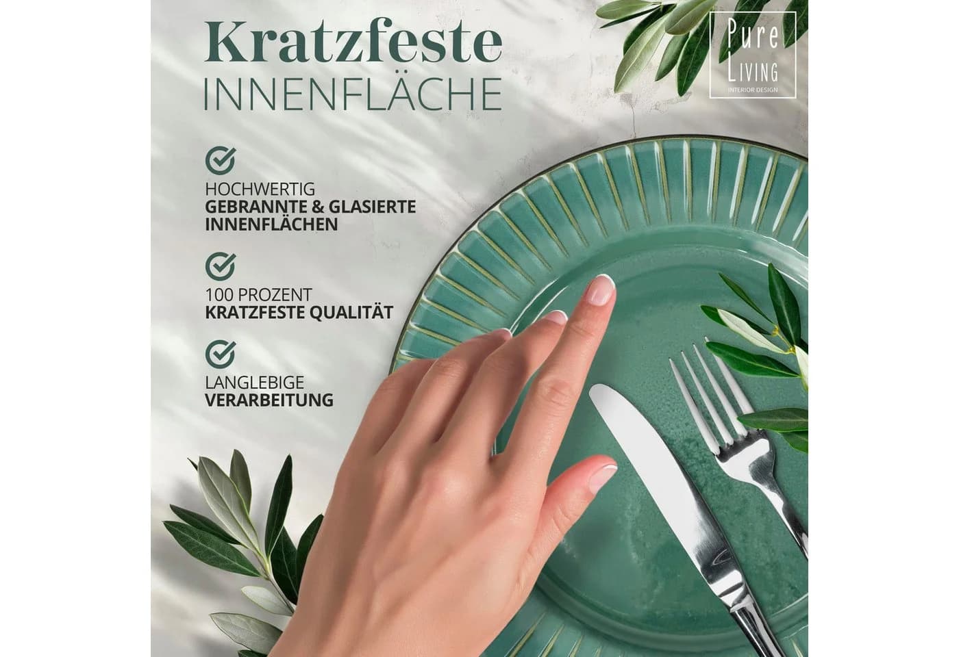 PURE LIVING Geschirr-Set Ribbed 6er-Set Grün Steingut
