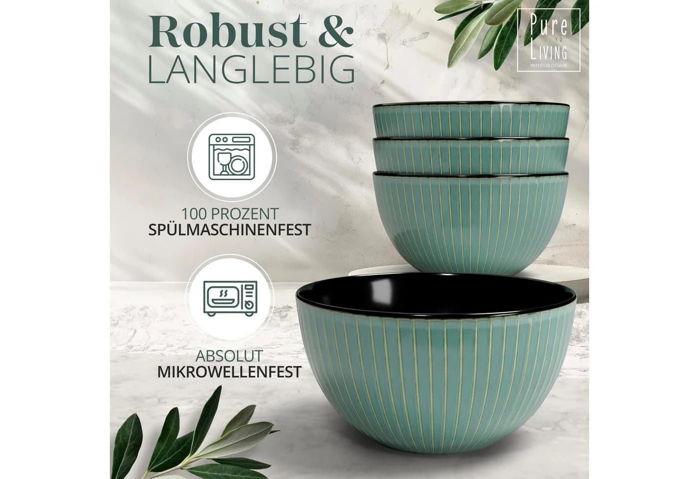 PURE LIVING Geschirr-Set Ribbed 6er-Set Grün Steingut - Bild 5