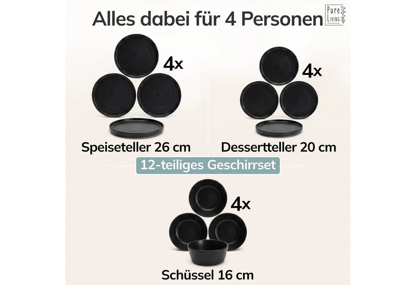 PURE LIVING INTERIOR DESIGN Geschirr-Set Manhattan 12-tlg. Schwarz Steingut - Bild 5