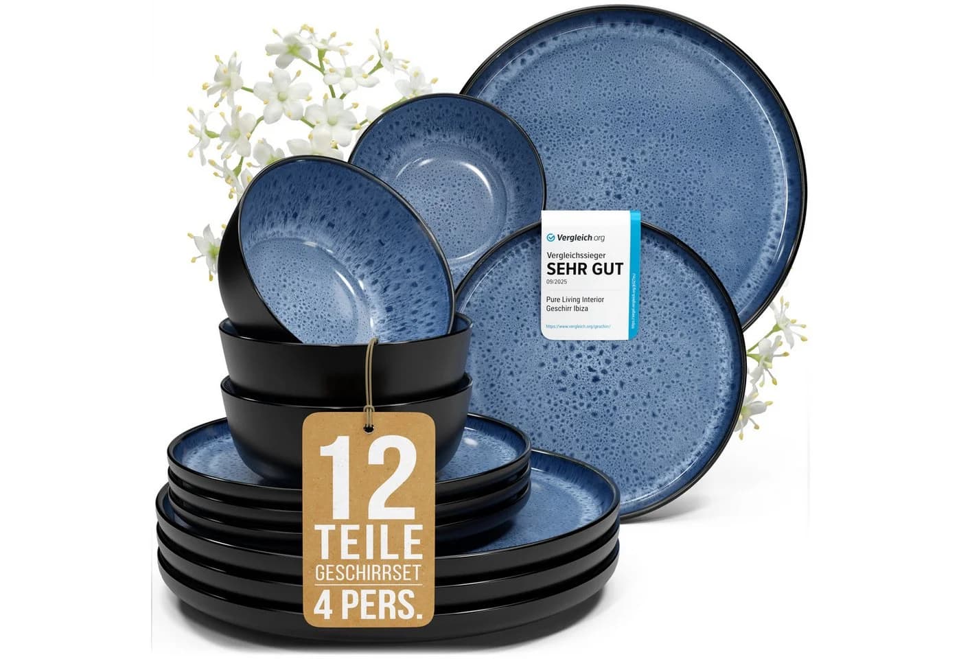 PURE LIVING INTERIOR DESIGN Geschirr-Set Ibiza 12-teilig Tiefblau Steingut - Bild 2