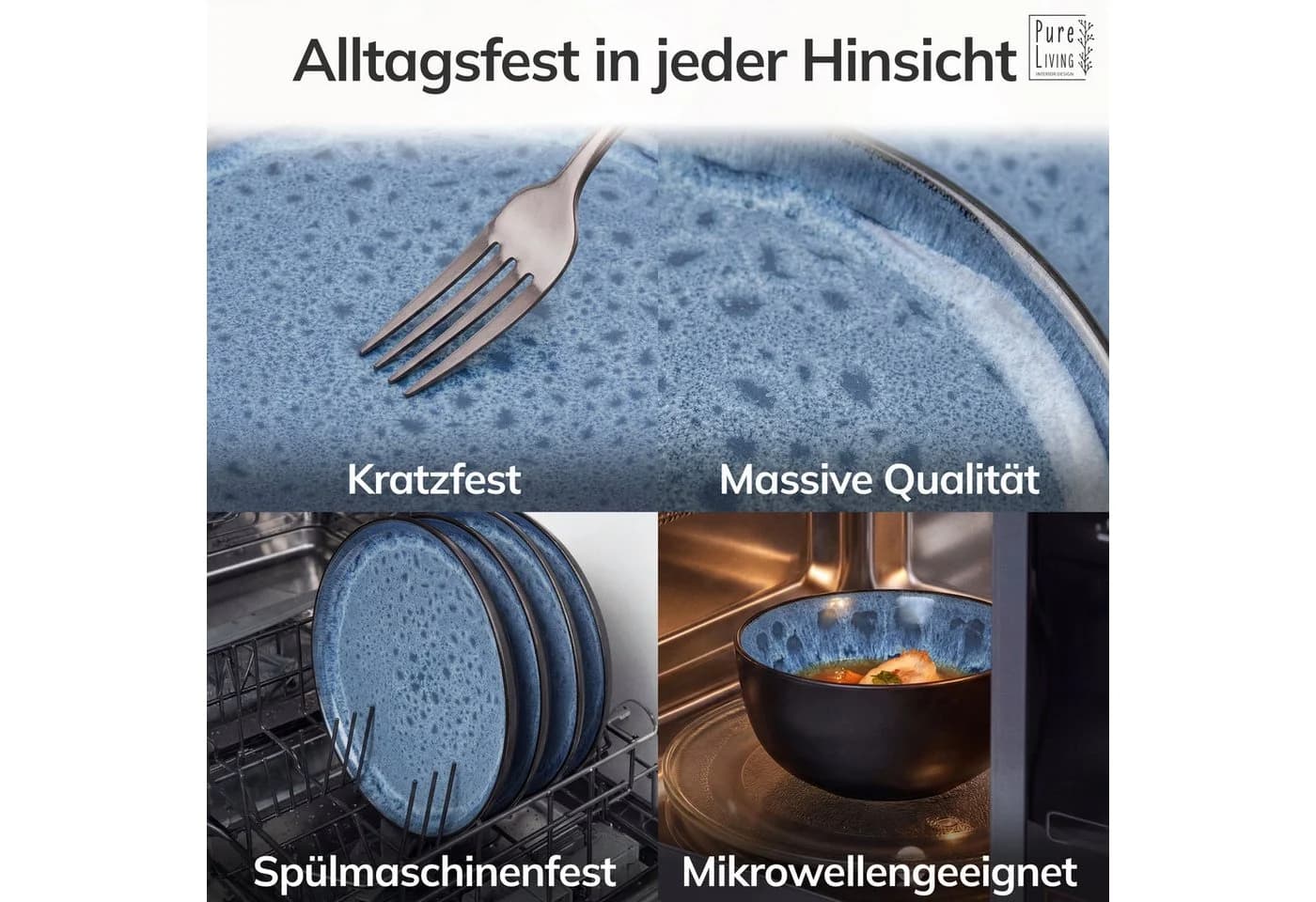PURE LIVING INTERIOR DESIGN Geschirr-Set Ibiza 12-teilig Tiefblau Steingut - Bild 4