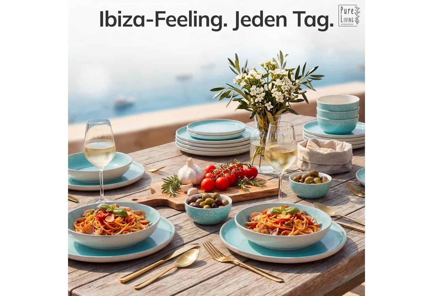 PURE LIVING INTERIOR DESIGN Geschirr-Set Ibiza 16-tlg. Steingut Türkis