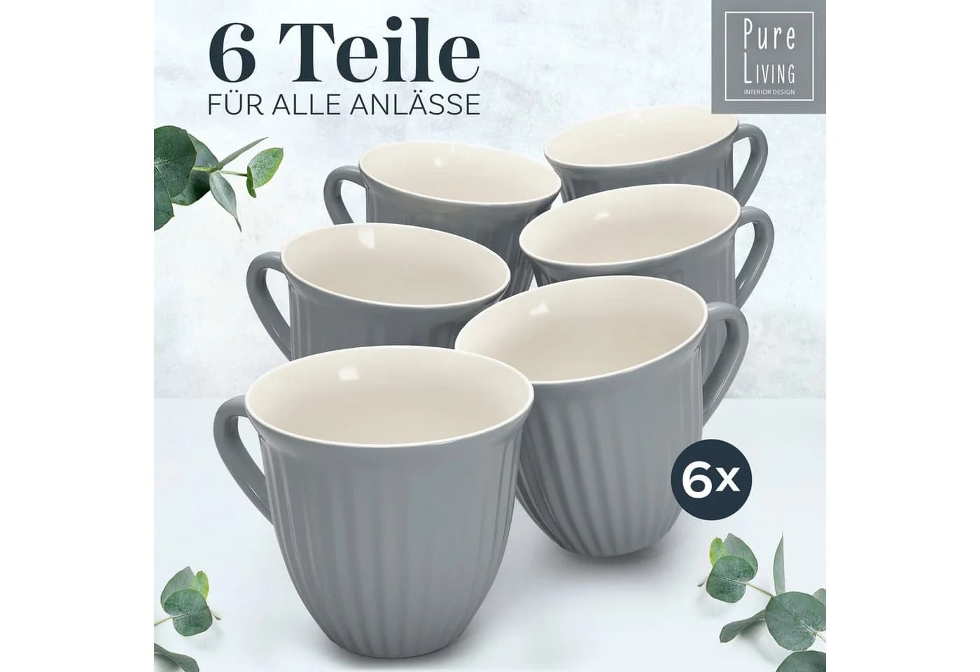 PURE LIVING Hygge Becher 6er-Set 435ml Graublau Steingut