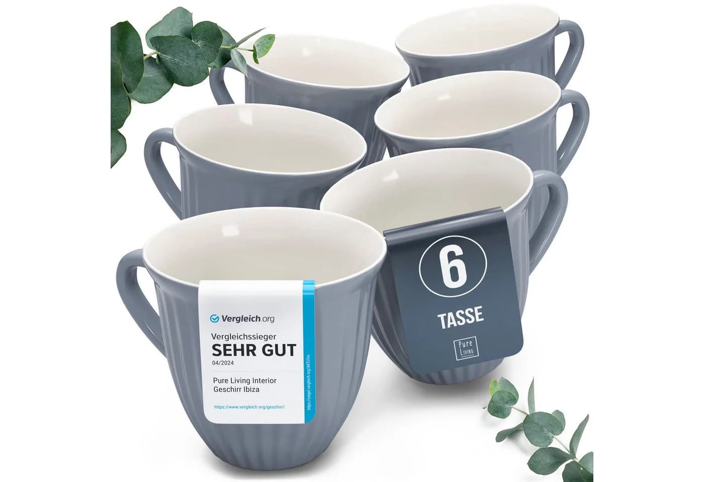 PURE LIVING Hygge Becher 6er-Set 435ml Graublau Steingut - Bild 2