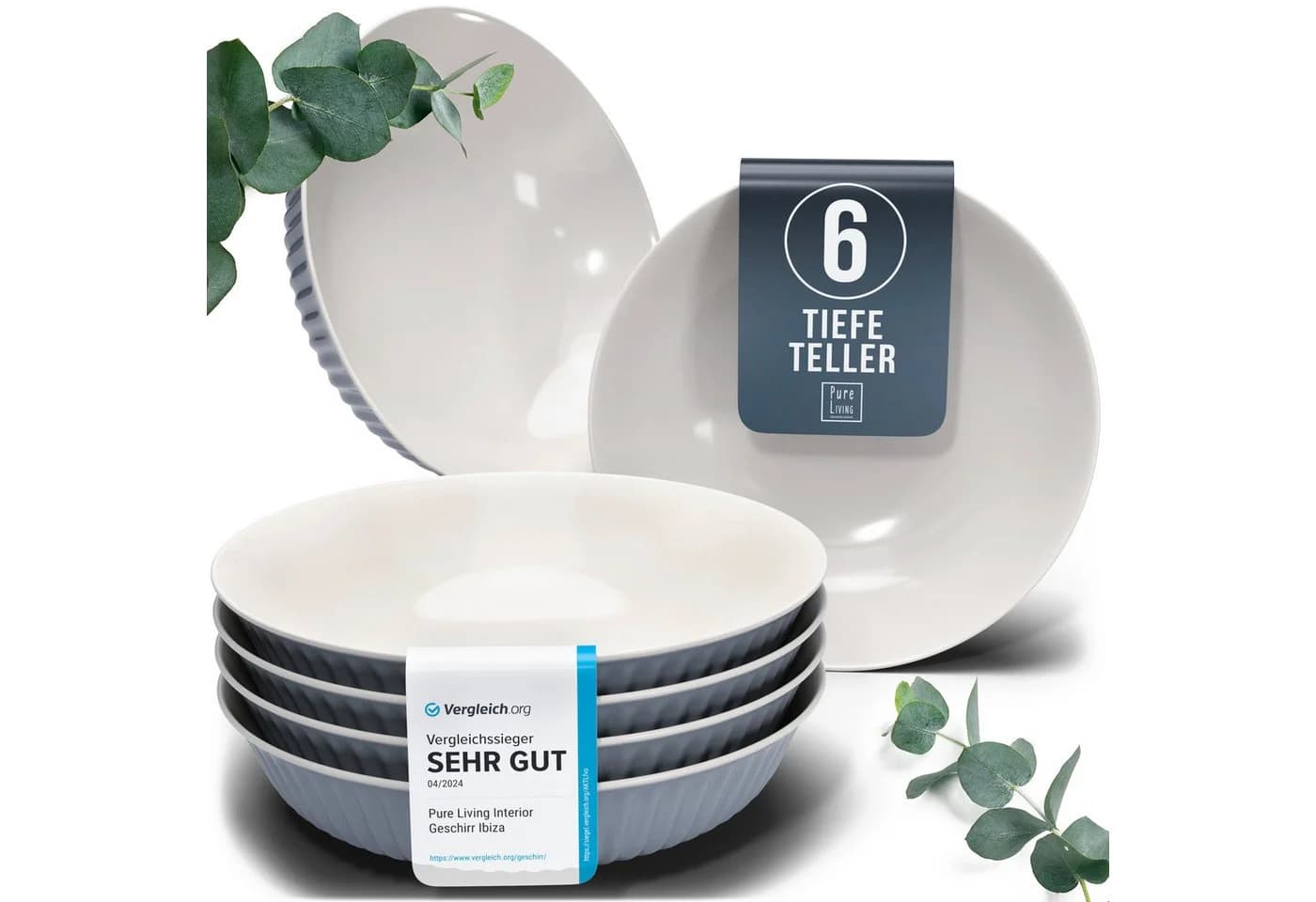 PURE LIVING Hygge Geschirr-Set 6-tlg. Suppenteller Steingut Graublau - Bild 2