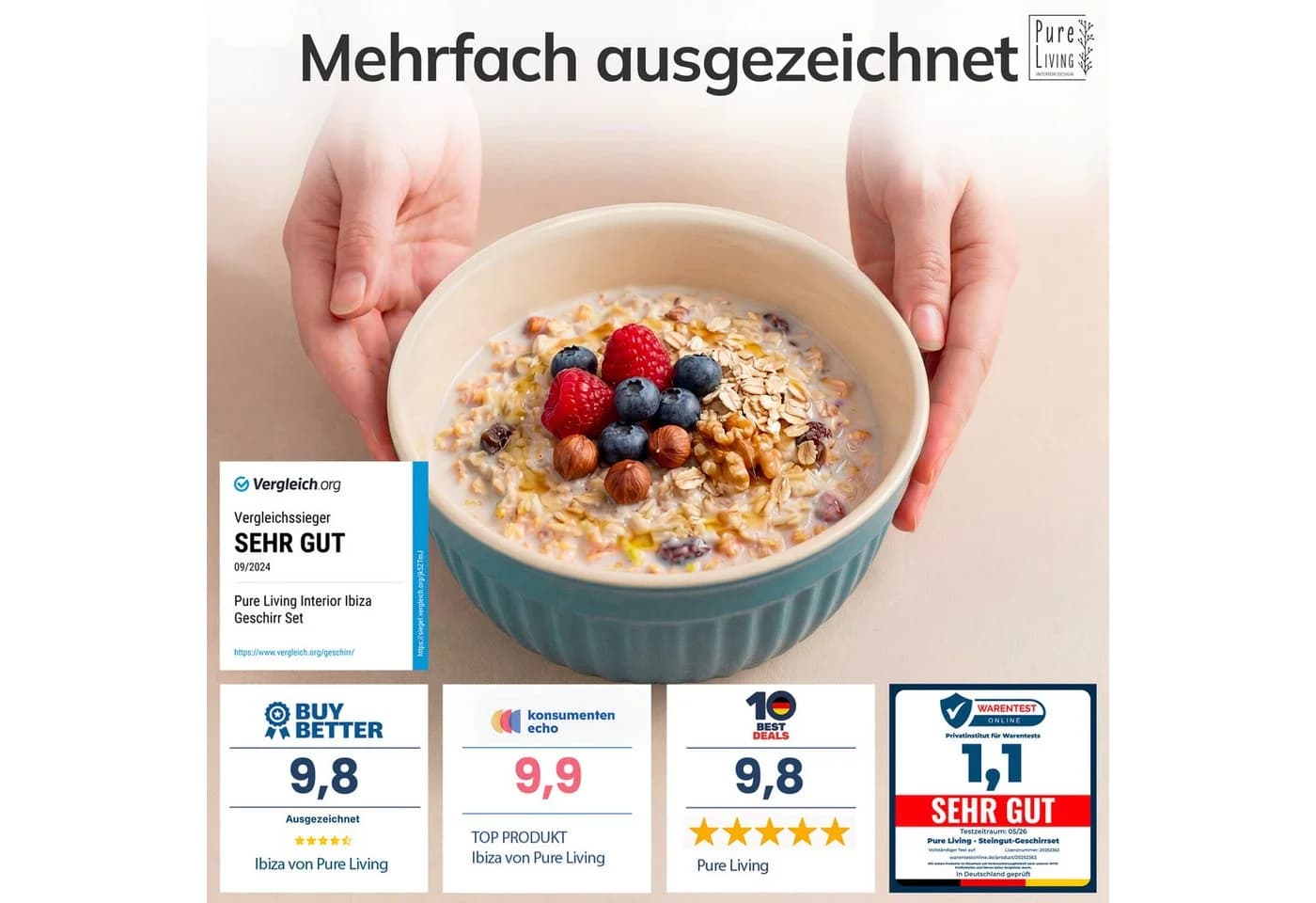 PURE LIVING Geschirr-Set Hygge 6er Müslischalen Grün Riffelstruktur - Bild 3