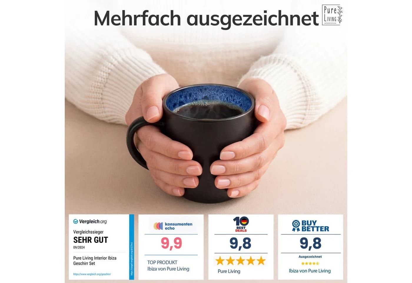 PURE LIVING INTERIOR DESIGN Geschirr-Set Ibiza Becher 6er-Set Tiefblau Steingut - Bild 3