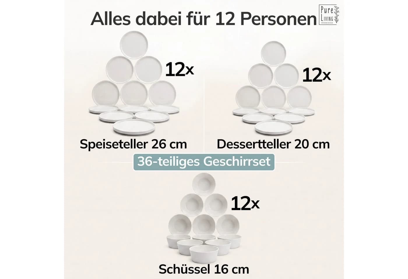 PURE LIVING INTERIOR DESIGN Geschirr-Set 36-tlg. Weiß Skandinavisches Design - Bild 5