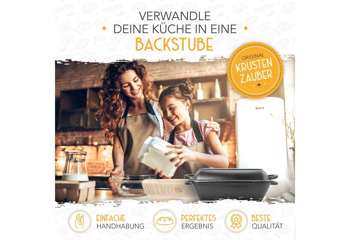 Krustenzauber Brotbackform Gusseisen Topf inkl. Rattan-Gärkorb